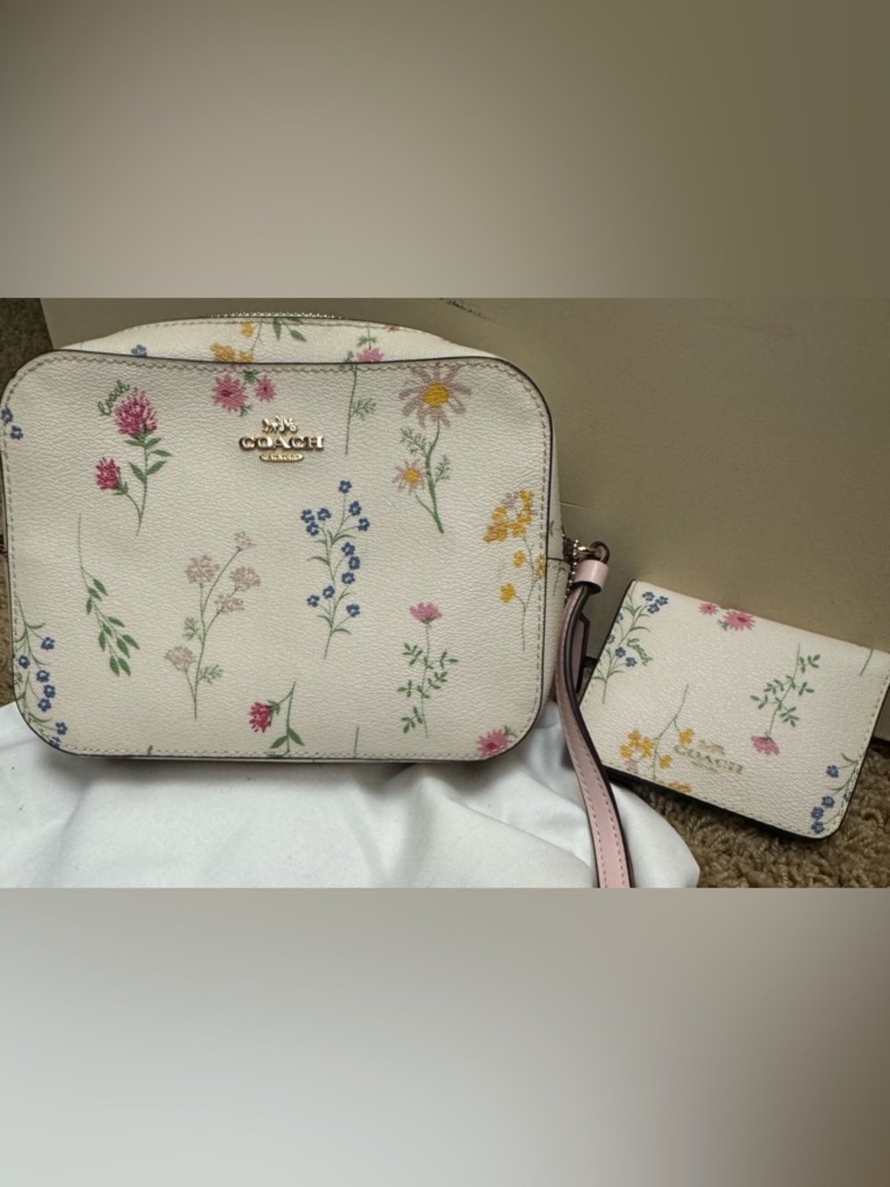 Coach Cream Floral Crossbody with Pink Strap Coated Canvas + matching Wallet